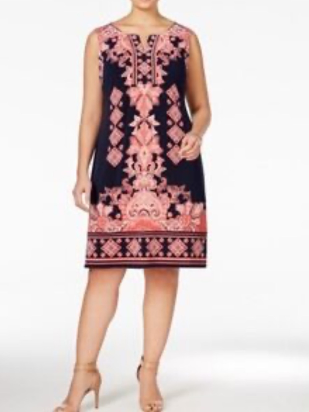 JM Collection Navy Pink Coral Border Print Studded Bust Mini Dress. Size Medium.